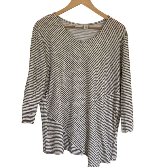 Chicos Weekends Wave Line Tee Womens XL Brown White 3/4 Sleeve - Picture 1 of 9